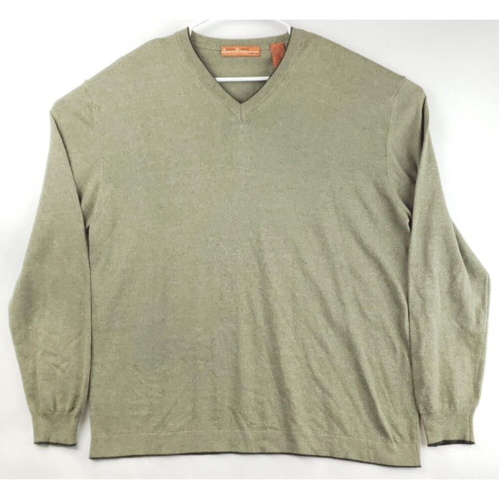 Sette Ponti Sweater Mens Large Olive Green Knitted Silk Long Sleeve V-Neck
